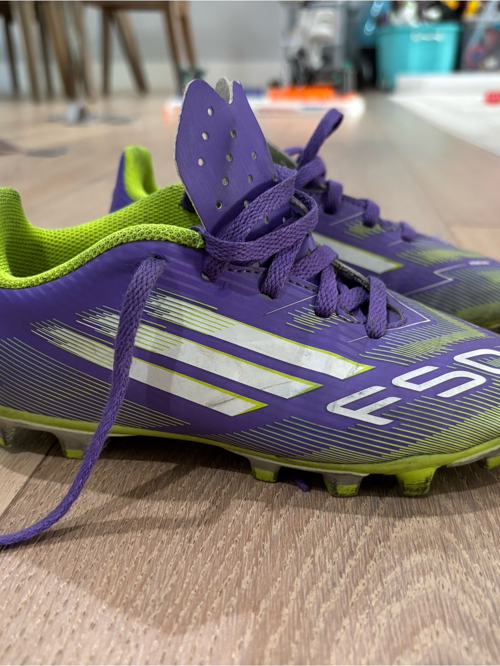 adidas Kids Purple and Lime Soccer Cleats - used but still some life left